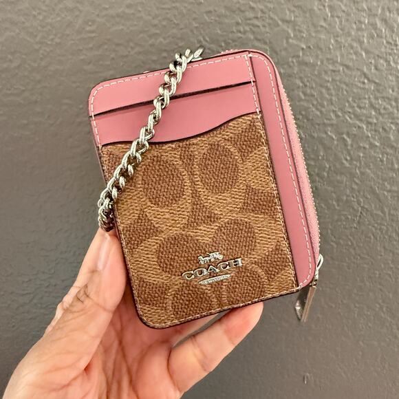 Coach Zip Card Case In Signature Canvas CW883 Tan/Dusty Pink - Picture 1 of 4